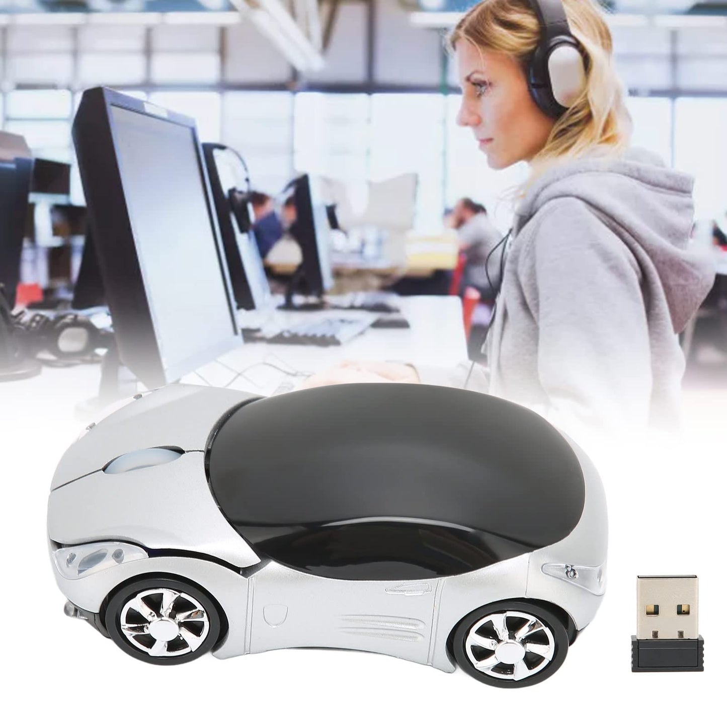 ASHATA 2.4GHz Car Shape Optical Gaming Mouse - Silver Plastic Design for PC, Laptop, Win 7, Linux