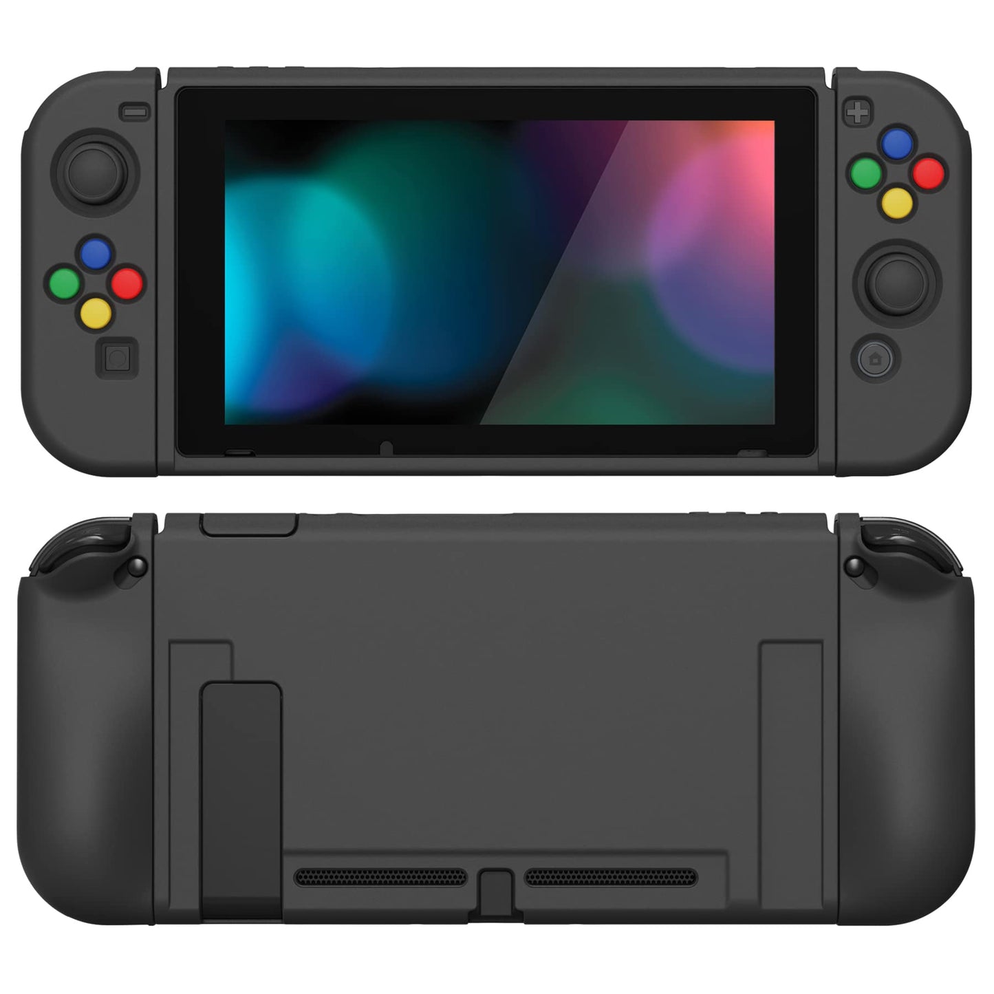 PlayVital ZealProtect Soft Protective Case for Nintendo Switch  Flexible Joycon Cover Slim Cover for Nintendo Switch with Screen Protector & Thumb Grip Caps & ABXY Direction Button Caps - Black