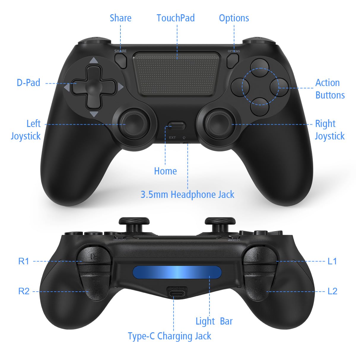 FASIGO Wireless Controller for PS4 Slim/Pro - 20h Rechargeable, Dual Vibration, Ergonomic Grip, Black - 2 Pack