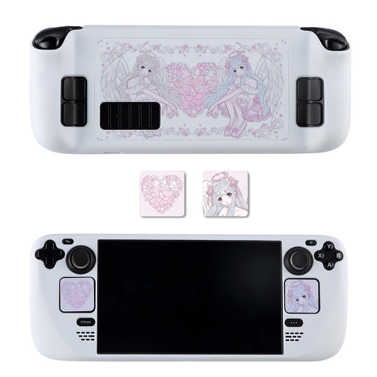 CasosexploreLab Case Compatible for Steam Deck OLED & LCD Protective Cover Shell Skin Kawaii Pink Angel Hard PC Protection Accessories with Trackpad Sticker Snap on Grip Case