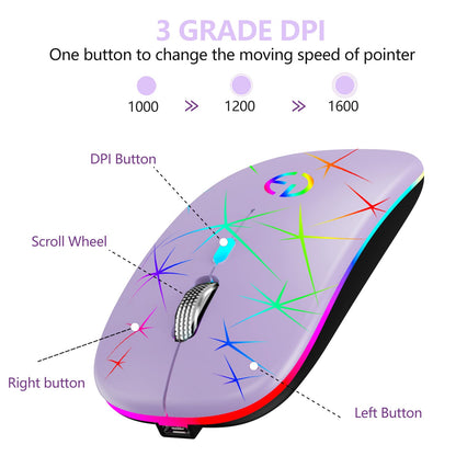 TaIYanG Wireless Mouse - 2.4G Optical Quiet RGB, USB Receiver & Type C Adapter, 3 DPI Levels, Purple, Portable for Laptop & PC