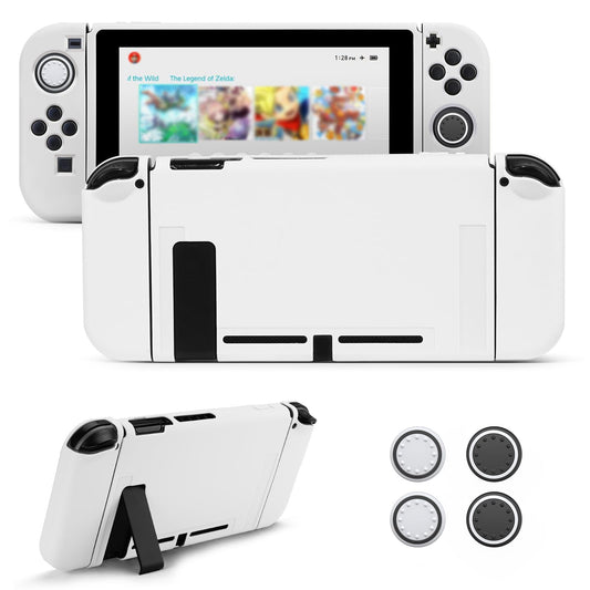 JINGDU Protective Case Compatible with Switch 2017  Dockable TPU Cover Accessories for Switch Console and Grip Joy-Con  The Switch Protector with 4 Thumb Grip Caps  White