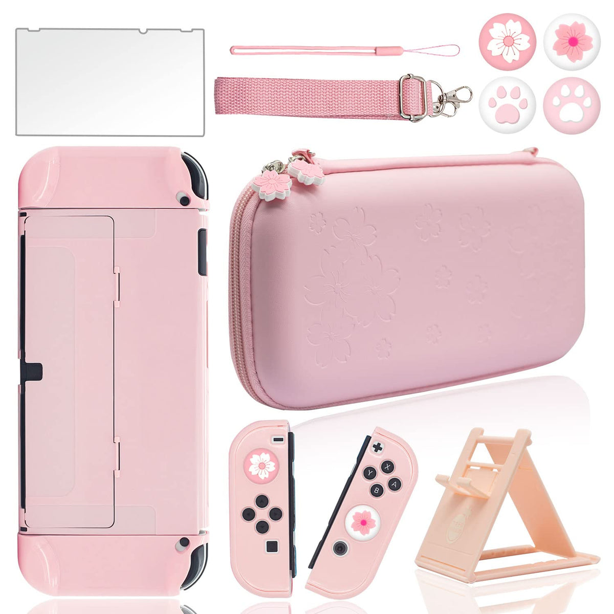 BRHE Cute Tpartyl Carrying Case for Nintendo Switch / Switch OLED Accessories Kit with Hard Protective Cover  Glass Screen Protector  Ultra-Thin Adjustable Stand and Thumb Grip Caps 10 in 1 (OLED Pink)