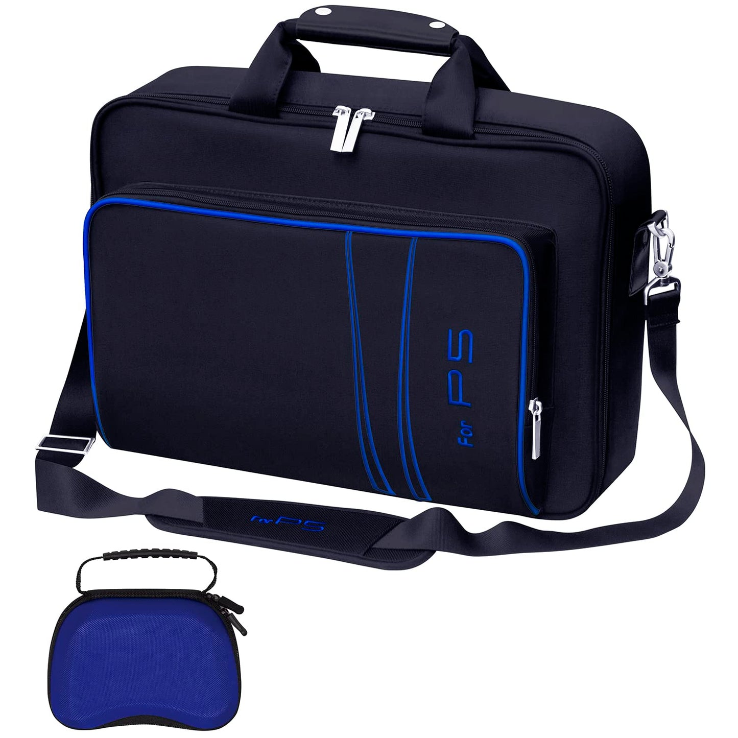 omarando Gaming Console Carrying Case Compatible with PS5 or PS5 Slim Travel Carrying Bag for Game Controller and Accessories Included Controller Protective Box(Black-Blue)