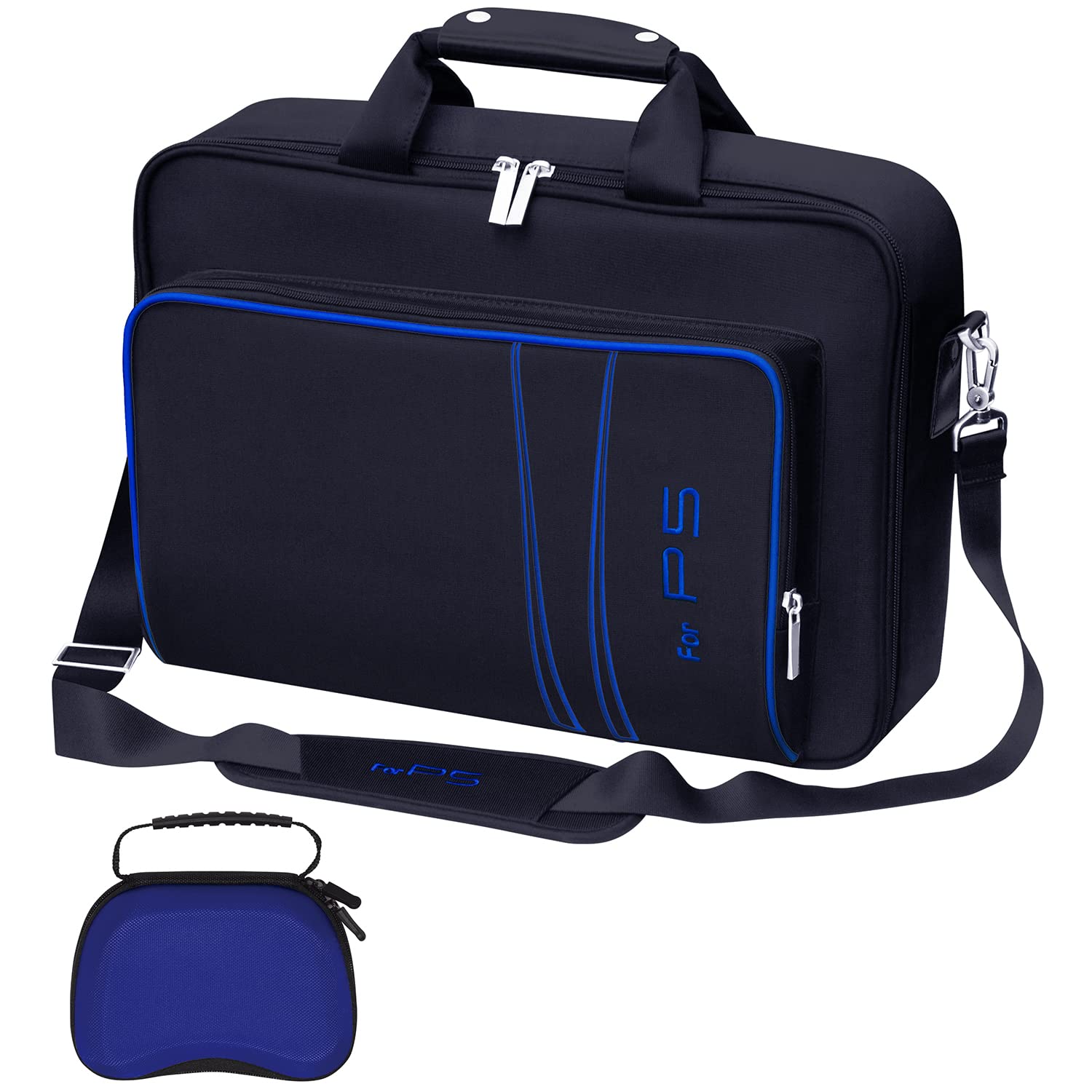 omarando Gaming Console Carrying Case Compatible with PS5 or PS5 Slim Travel Carrying Bag for Game Controller and Accessories Included Controller Protective Box(Black-Blue)