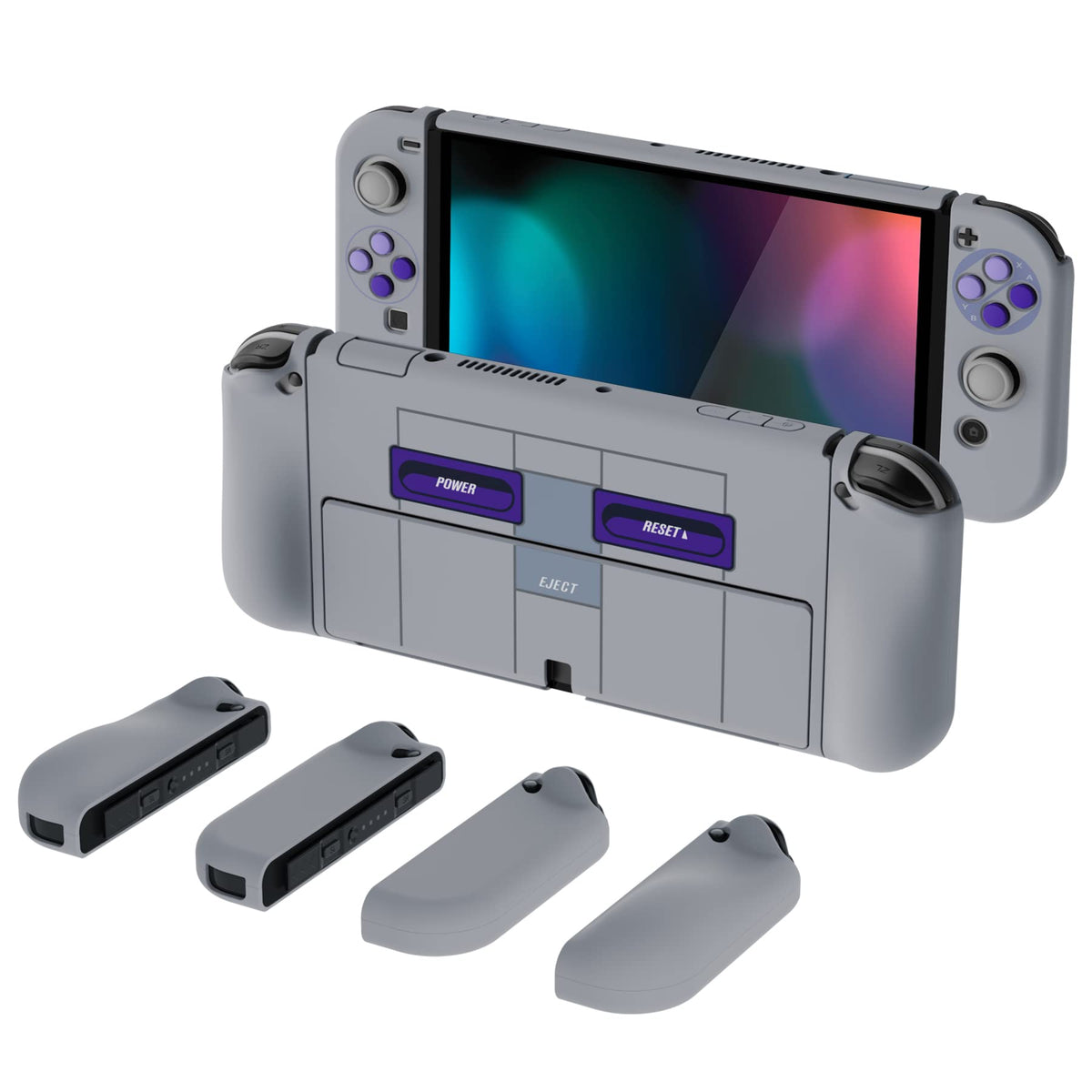 PlayVital AlterGrips Protective Slim Case for Nintendo Switch OLED  Ergonomic Grip Cover for Joycon  Dockable Hard Shell for Switch OLED w/Thumb Grip Caps & Button Caps - Classics SNES Style