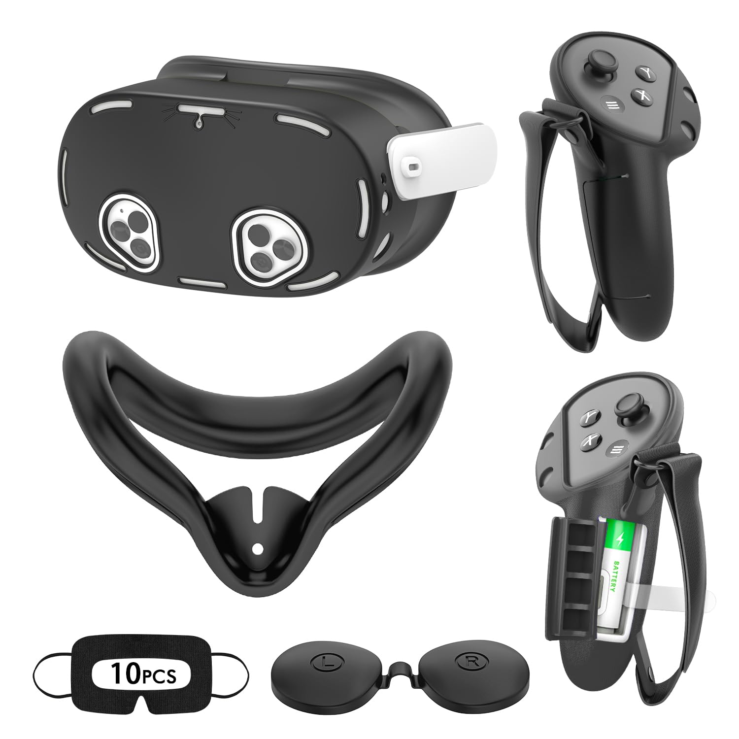Tyasoleil VR Silicone Case for Meta Quest 3S  Design Upgraded Accessories for Oculus Quest 3S  Face Cover  Controller Grips  Shell Cover  Lens Cover  Disposable Eye Cover (Black)