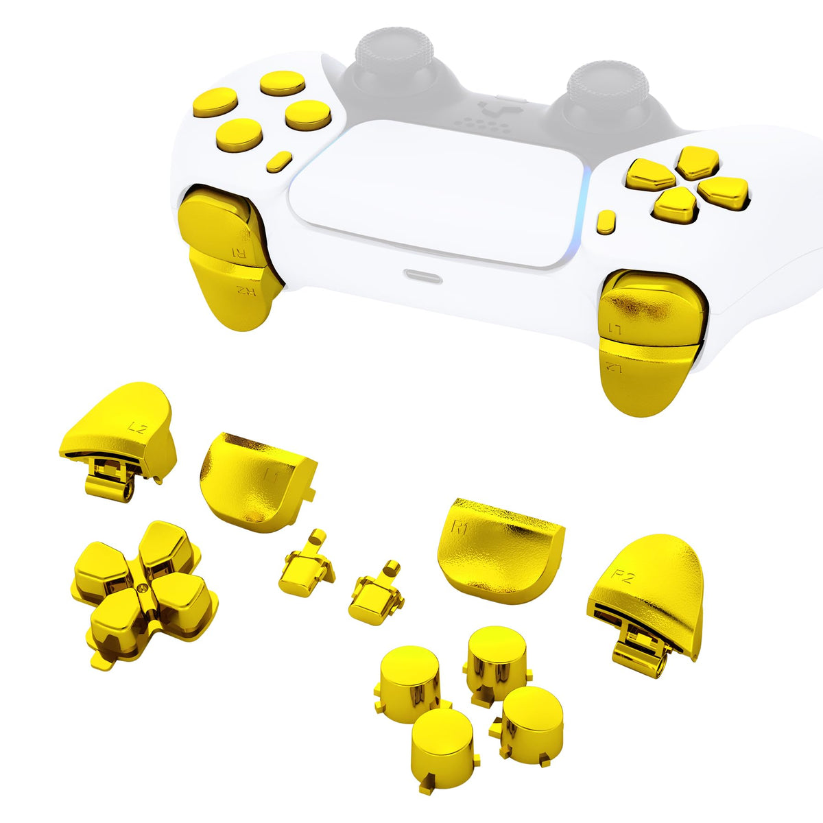 eXtremeRate Replacement D-pad R1 L1 R2 L2 control buttons Share Options Face Buttons  Chrome Gold Full Set Buttons with Tools Compatible with ps5 Controller BDM-010 & BDM-020 - Without Controller