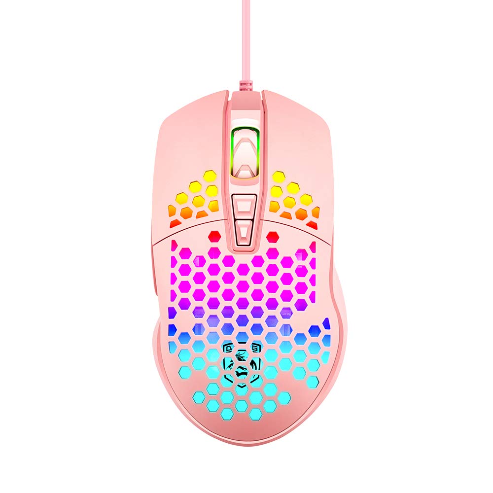 LexonElec Ultralight RGB Gaming Mouse, 6400DPI, 7 Programmable Buttons, Honeycomb Shell, Pink