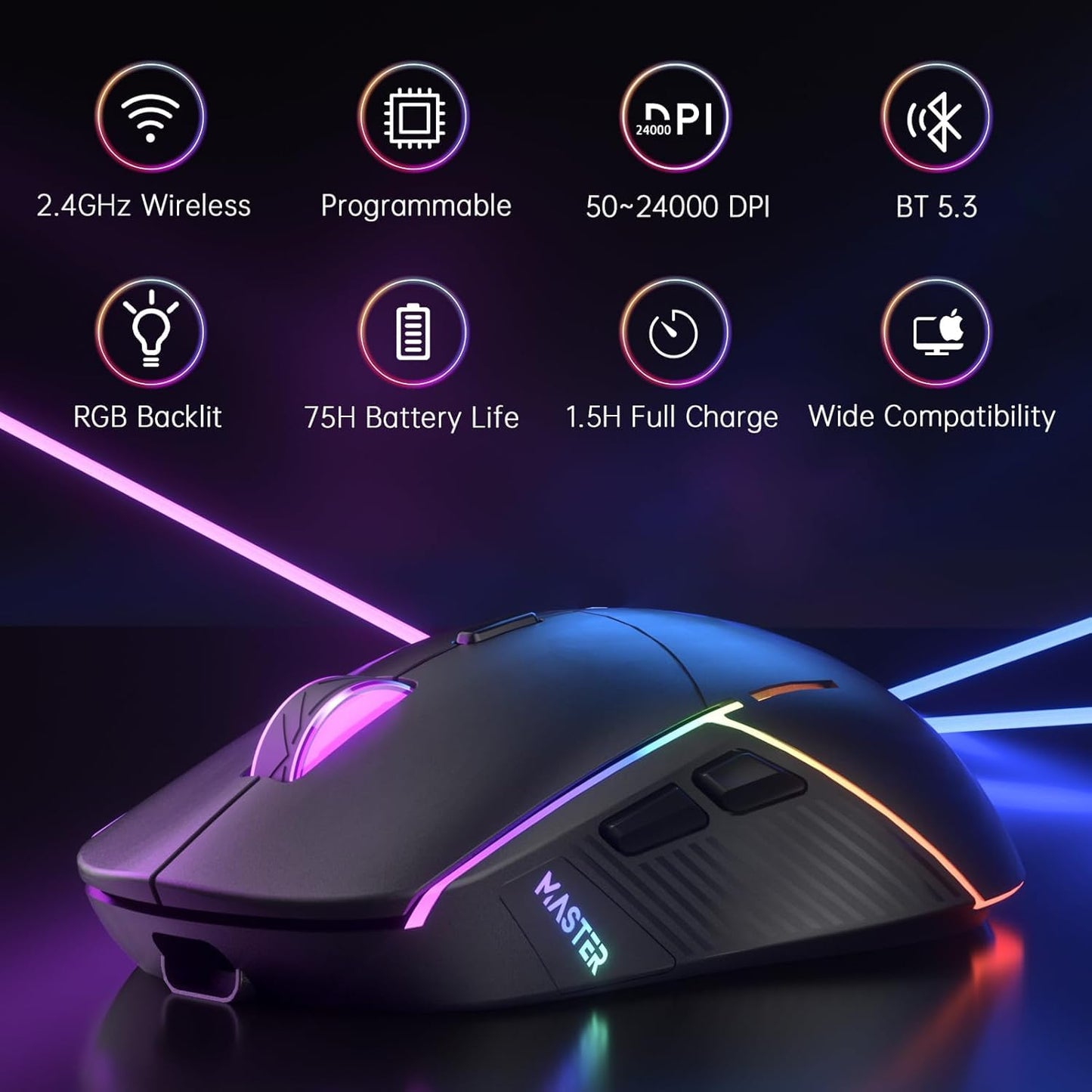 FFJ Wireless Gaming Mouse - 24000 DPI, Tri-Mode (2.4G/USB-C/Bluetooth), RGB, Rechargeable, 75Hrs Battery Life, Black, Model Master