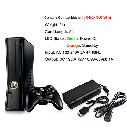 YCCSKY Xbox 360 Slim Power Supply AC Adapter, 135W, 12V-10.83A, LED Indicator, Black, Non-OEM Replacement