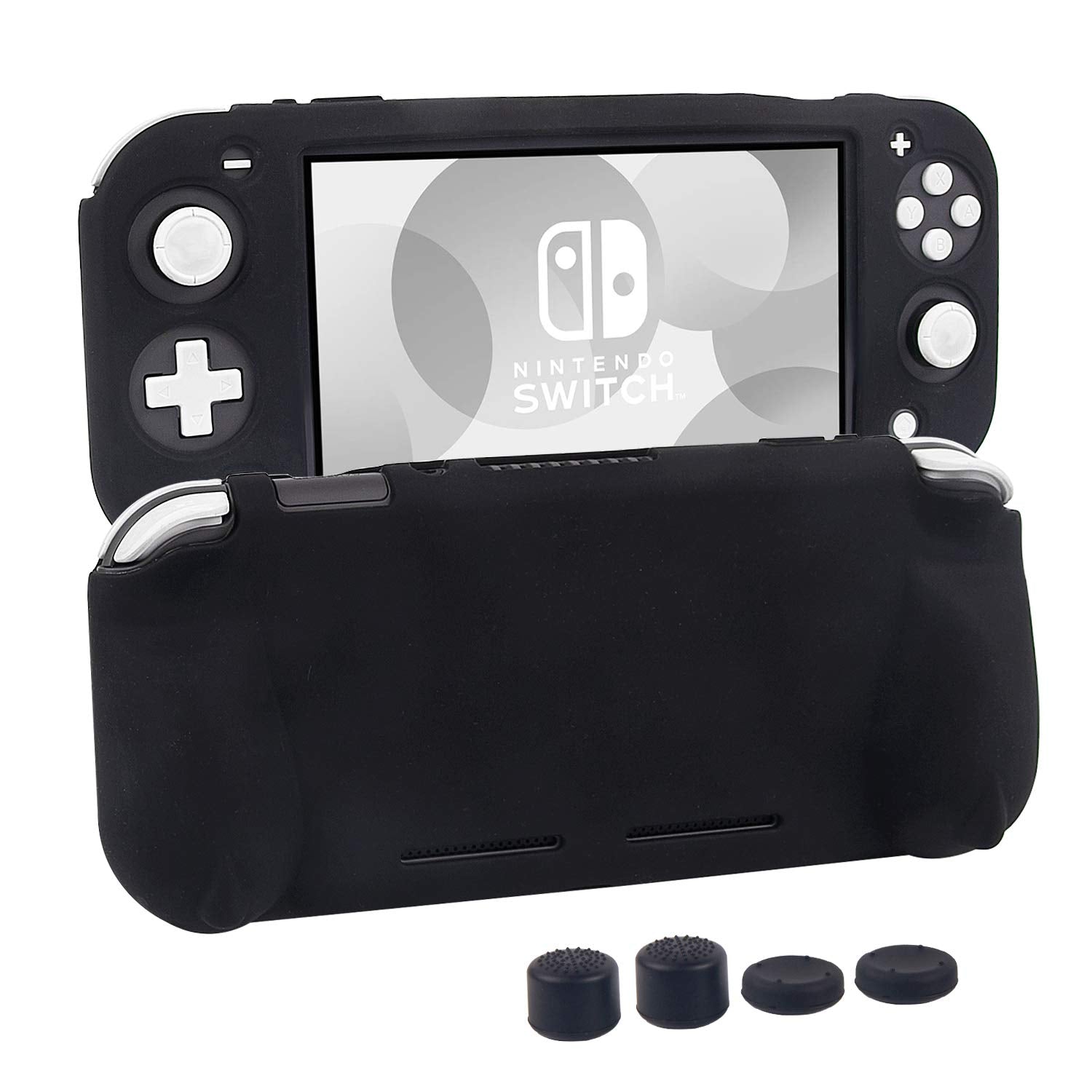 CHIN FAI Silicone Protective Case for Nintendo Switch Lite - Soft Grip, Ergonomic Handles, Black, Includes 4 Thumb Stick Caps