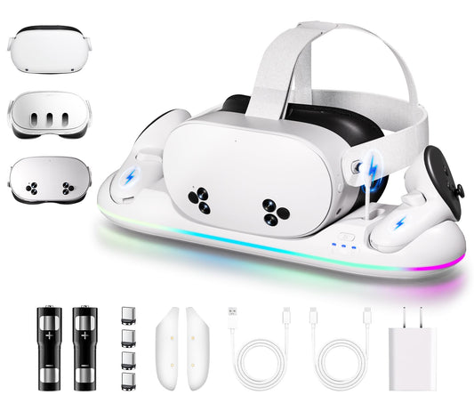Charging Dock for Meta Quest 3&Quest 3S-Fast Charging Station Compatible with Oculus Quest 2&3&3S-VR Charging Accessories with RGB Light-Magnetic Charging Stand for Controller-2 Rechargeable Batteries