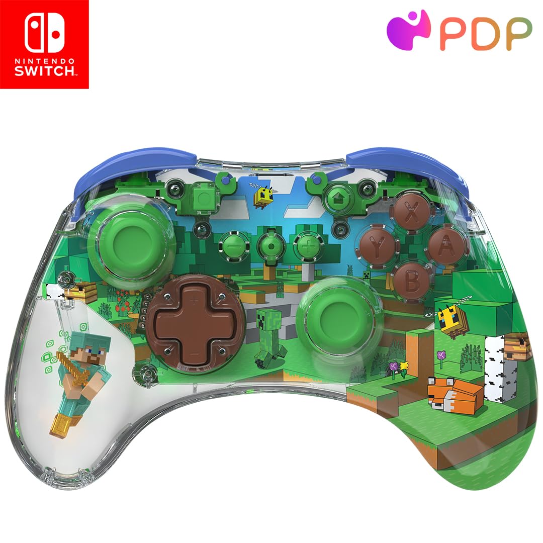 PDP REALMz Wireless Nintendo Switch Pro Controller  Customizable LED  40 Hour Rechargeable Battery Power Officially Licensed by Nintendo: Minecraft Steve -Forest Biome