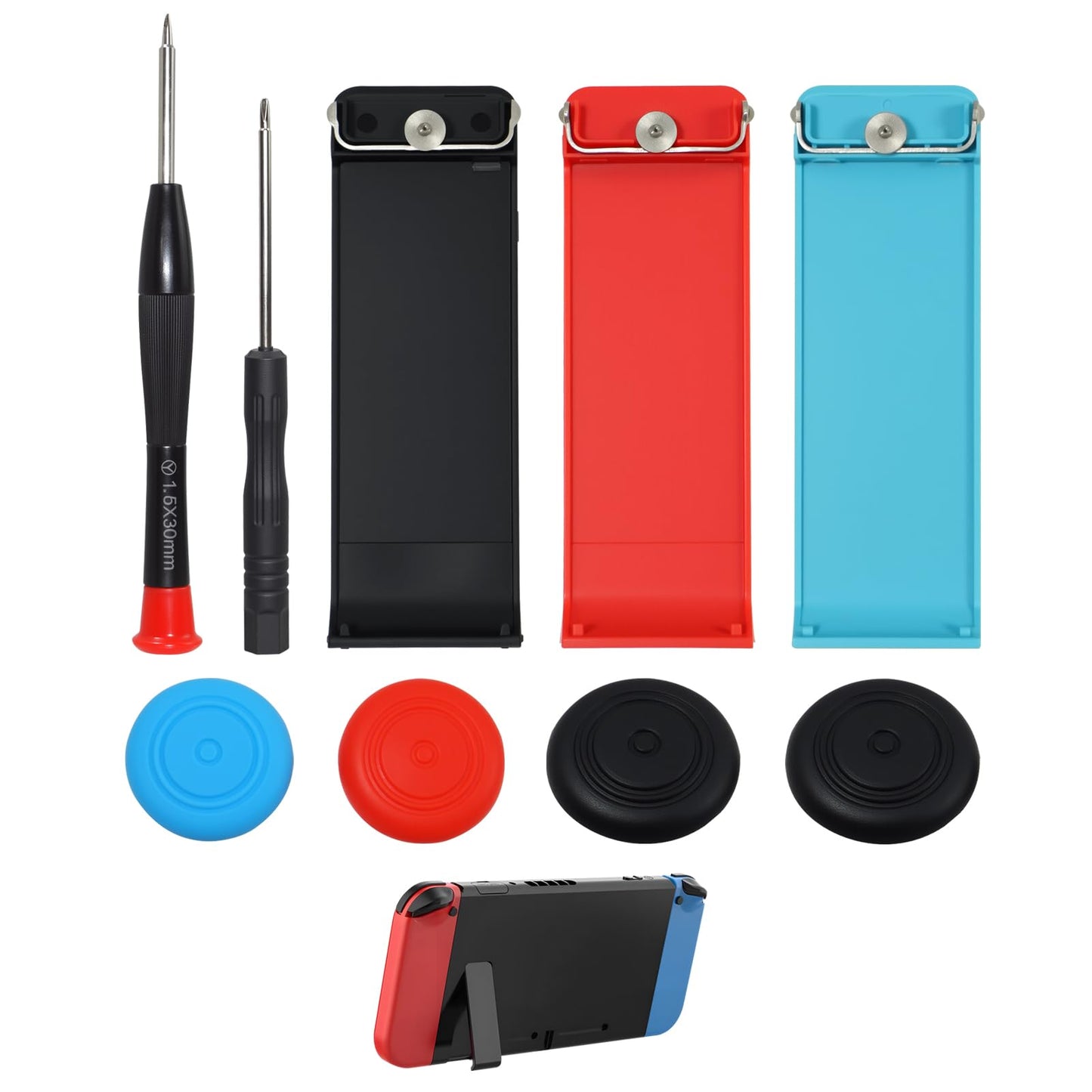 7 Pcs Kickstand Compatible with Nintendo Switch  Replacement Back Stand Holder with 3 Colors Kickstand and 4 Thumbstick Caps  ABS Durable Console Accessories with Screwdrivers