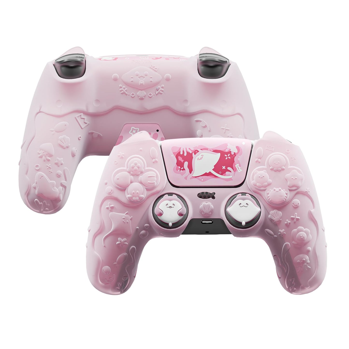 playvital for PS5 Controller Cover Skin - Cute Ocean Whisper Series Semi-Clear Silicone Case for PS5 Controller with Thumb Grip & Sticker  Charging Station Compatible  Full Protection - Peach Pink