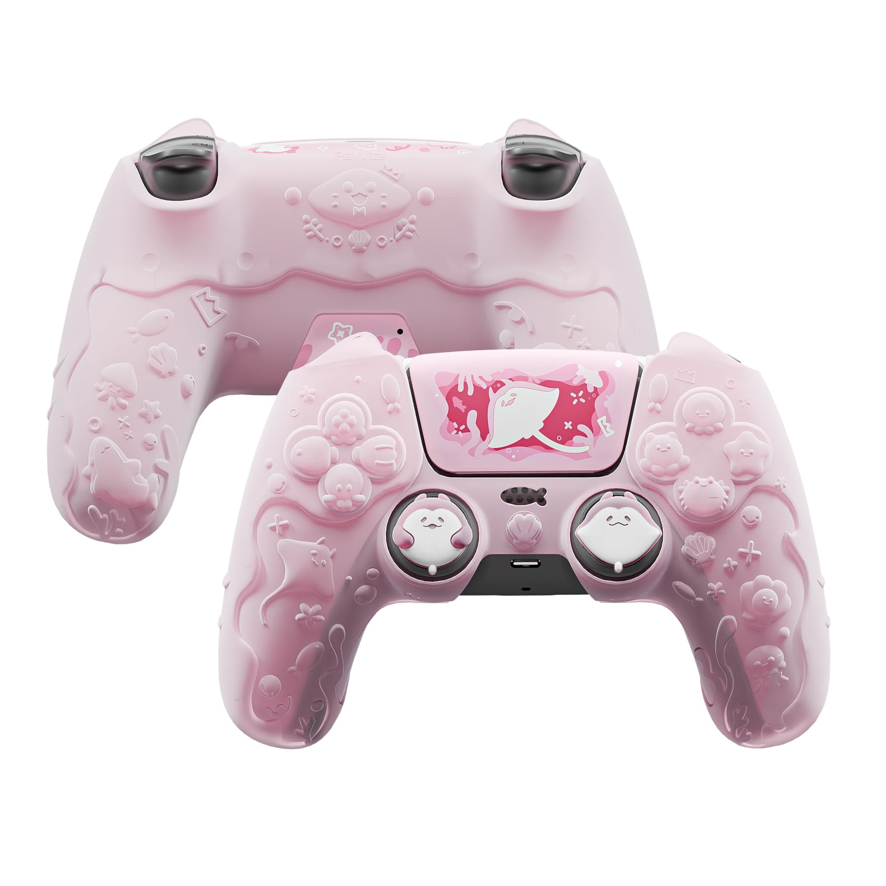 playvital for PS5 Controller Cover Skin - Cute Ocean Whisper Series Semi-Clear Silicone Case for PS5 Controller with Thumb Grip & Sticker  Charging Station Compatible  Full Protection - Peach Pink