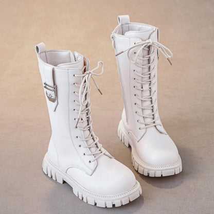 JEUROT Girl's Knee High Combat Boots, Lace Up, Side Zipper, Faux Leather, Non Slip, Chunky Heels, Size 13 Little Kid, White