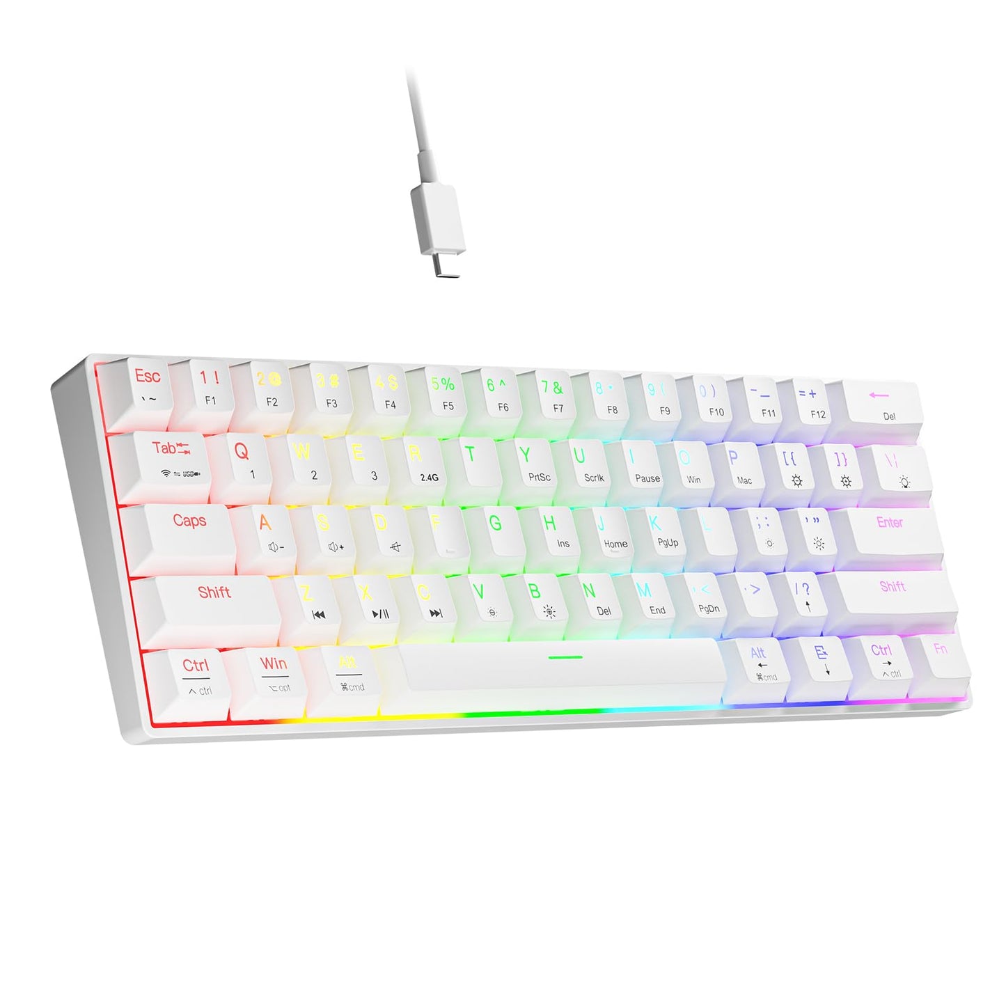 Newmen GM610 60% Wireless Mechanical Gaming Keyboard Wired/Bluetooth/2.4G Keyboard RGB Backlit 61 Anti-Ghosting Keys Programmable Hot-Swappable for Windows Mac Android (White/Red Switch)