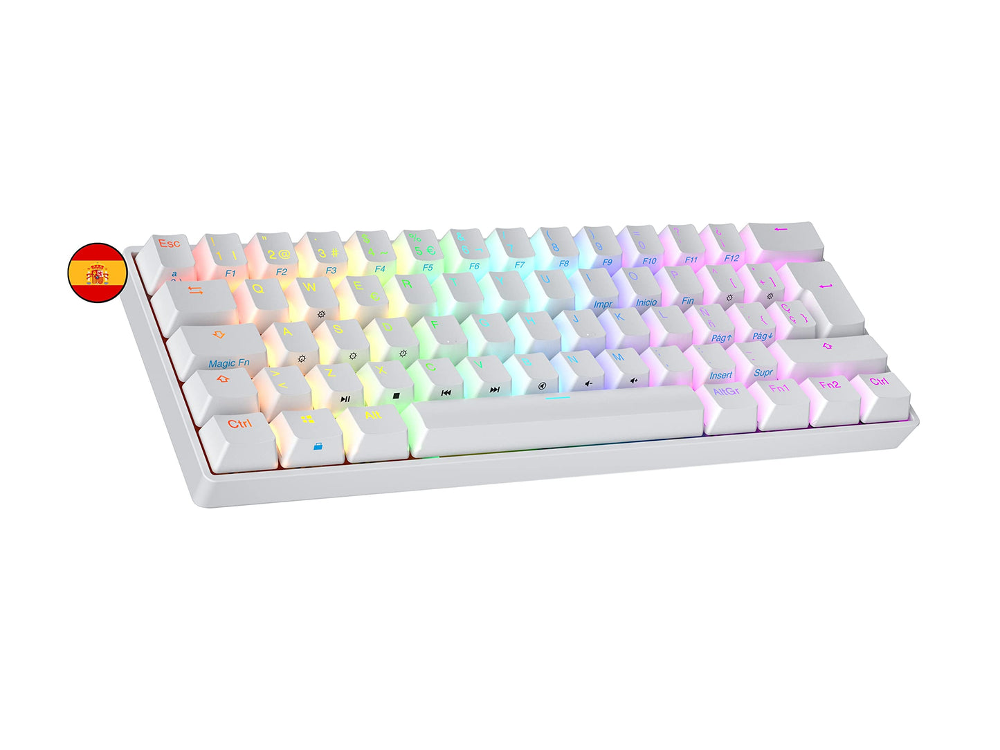 Ranked Supernova 60% Mechanical Gaming Keyboard - Hot Swappable, 62 Keys, RGB LED, ISO ES Spanish Layout, White, Gateron Optical Brown