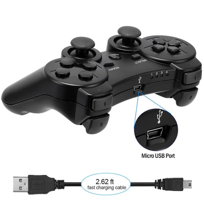 Diswoe Wireless Bluetooth Controller for PS3 - Black Gamepad with Charger Cable, Double Vibration, Model ET15551
