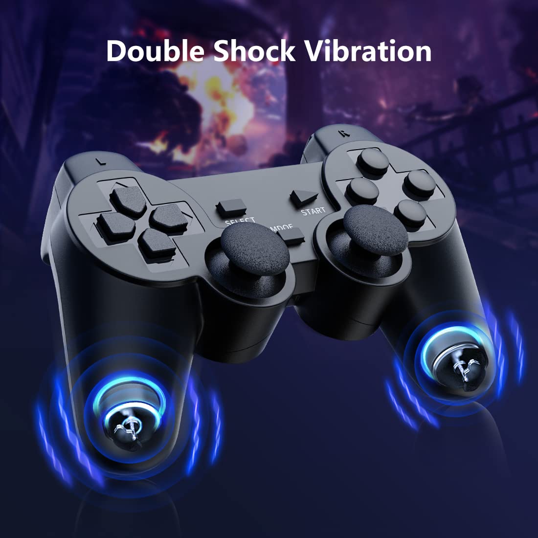 Funcilit Wireless Controller for PS2 2.4G, Double Shock Vibration Twin Shock Gamepad for Playstation 2 (2 Pack Black)
