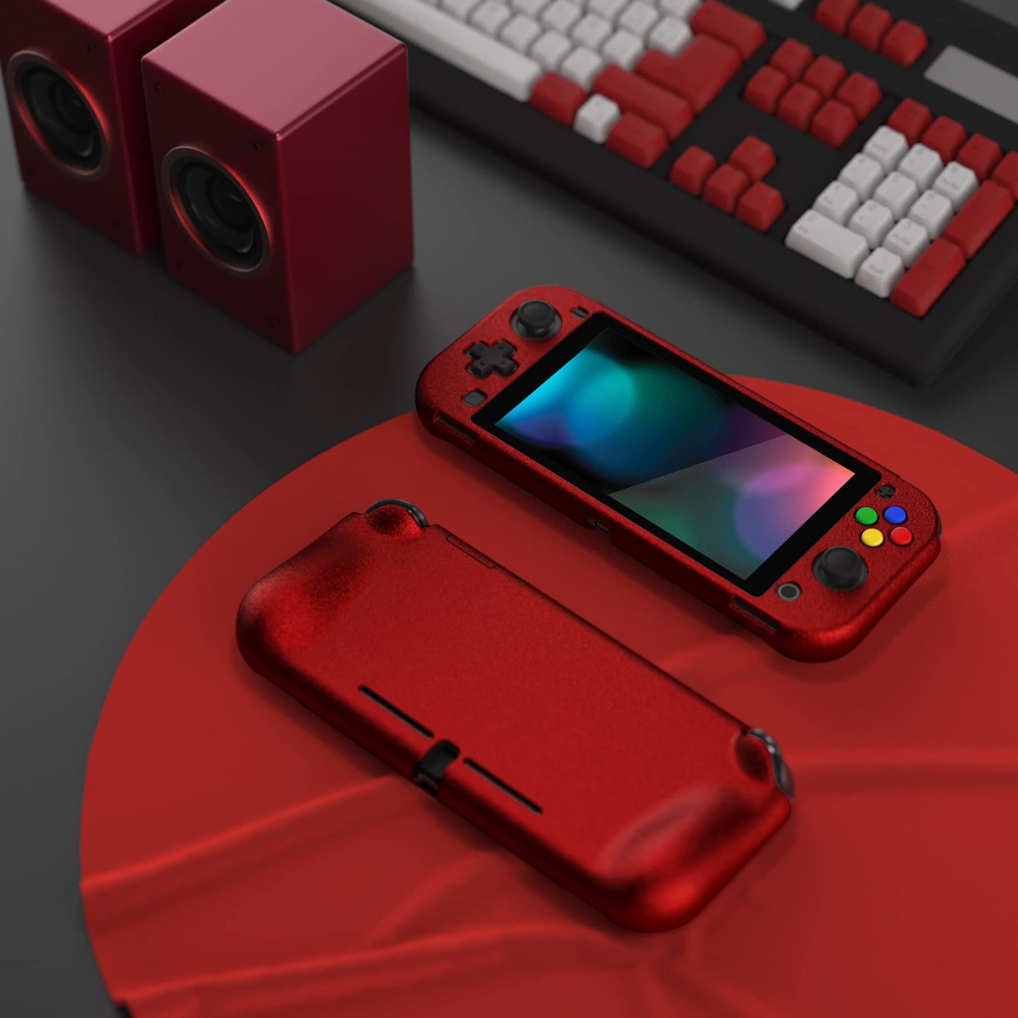 PlayVital ZealProtect Case for Nintendo Switch Lite - Hard Shell, Ergonomic Grip, Screen Protector, Thumb & Button Caps - Scarlet Red