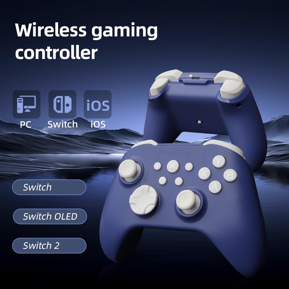 ShanWan Wireless Controller for iPhone, Android, PC, Switch - Q34XSP, Blue, Supports Turbo, Dual Vibration, Gyroscope, Wake-up Functions
