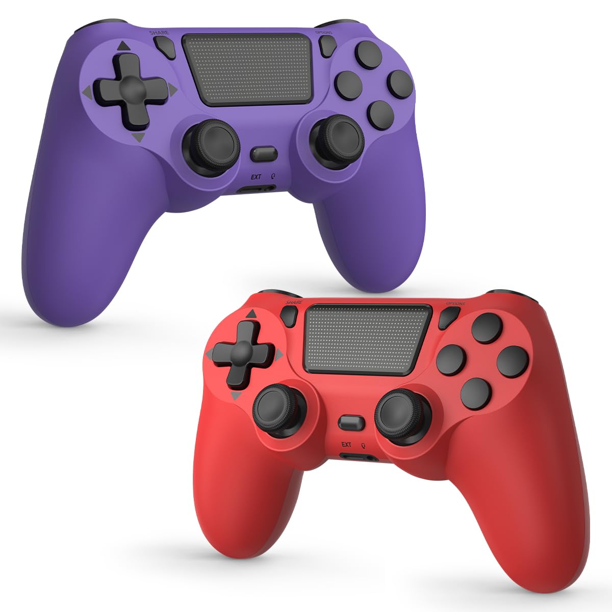 FASIGO Wireless Controller for PS4 Slim/Pro - 20h Rechargeable, Dual Vibration, Ergonomic Grip - Red & Purple (2 Pack)