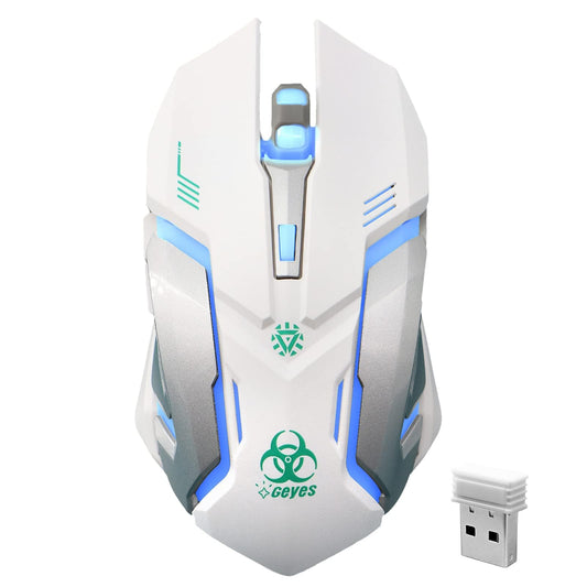 VEGCOO White Wireless Gaming Mouse  Silent Click Wireless Mouse with 3 Level DPI  Rechargeable Computer Mice with Colorful RGB LED Lights and Side Buttons for Laptop and Desktop