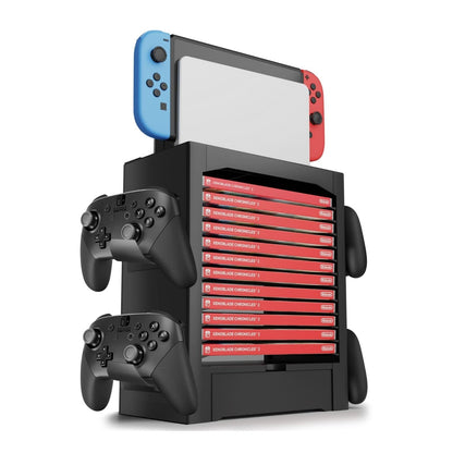 TNP Products Nintendo Switch Storage Tower - Game Organizer with 10 Cases, 4 Controller Racks, Joy-con Drawer - Black, Model NDSWT_STRG_TWR_10T