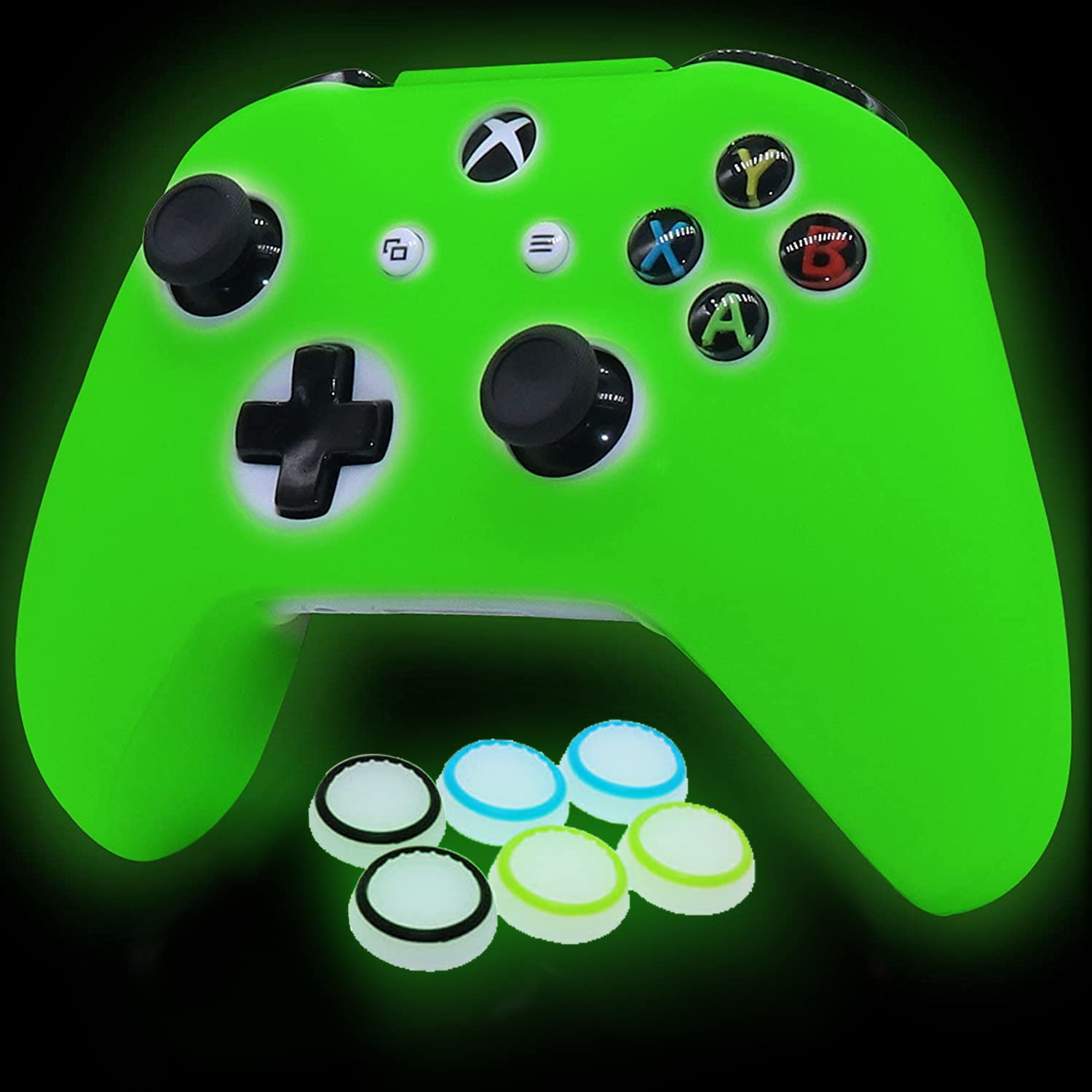 HLRAO Xbox One S Controller Silicone Grip Case, Glow Green, Glow in The Dark + 6 Accessories, Not for Xbox Series Controller
