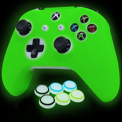 HLRAO Xbox One S Controller Silicone Grip Case, Glow Green, Glow in The Dark + 6 Accessories, Not for Xbox Series Controller