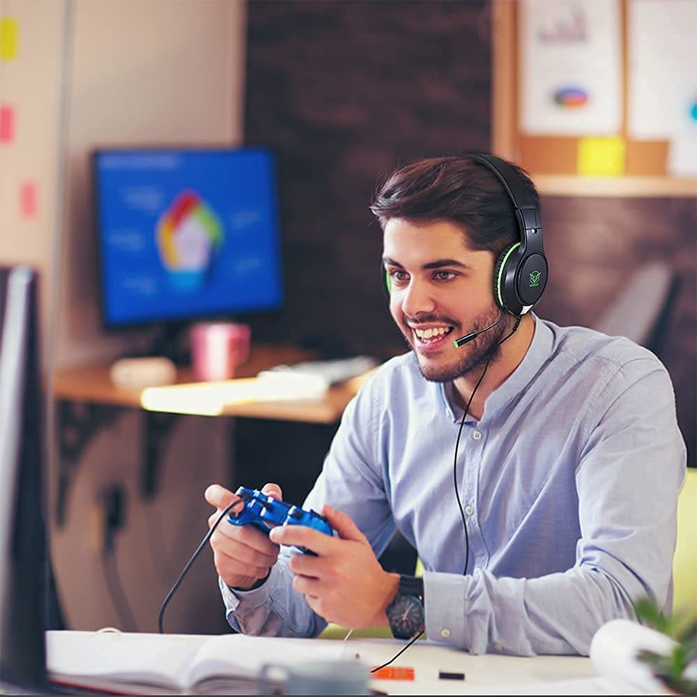 MASACEGON H-10 Gaming Headset - Noise Cancelling, Over-Ear, 3.5mm, Green-Black, Compatible with Xbox One, PS4, Nintendo Switch