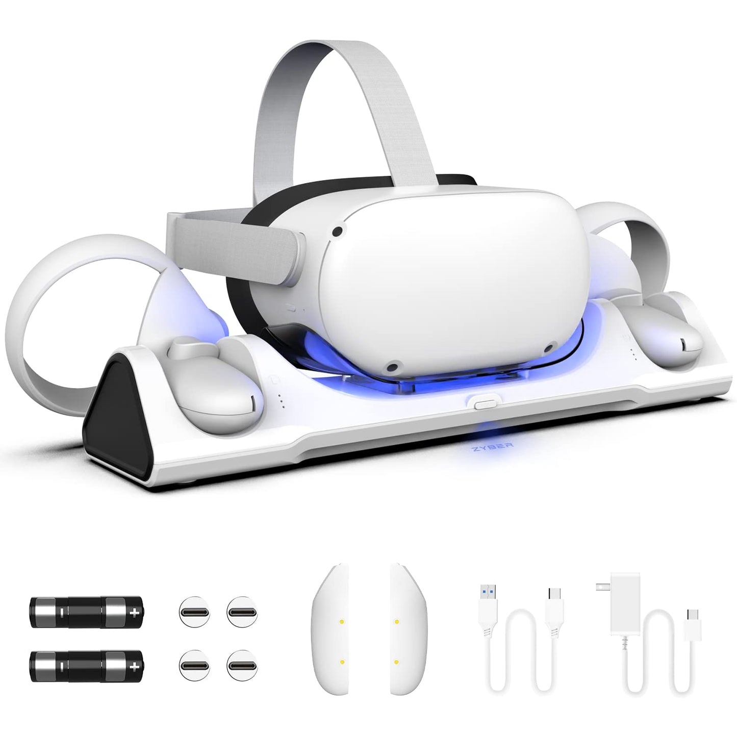 ZYBER Charging Dock for Meta Quest 2  VR Charger Station for Charging Oculus Quest 2 (Support fine design Strap with Battery)  Charging Stand with 2 Rechargeable Batteries  USB-C Charger and Cable