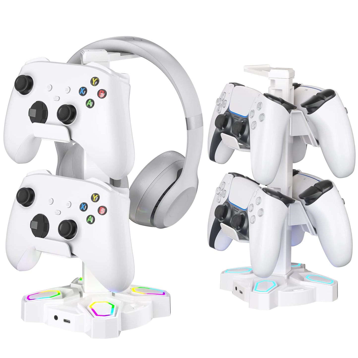 KDD Gaming Headphones Stand  Rotatable Headset Stand with Light Modes - Controller Holder with 2 USB Charging Ports and 3.5mm - Earphone Hanger Accessories for Desktop Gamer(White)