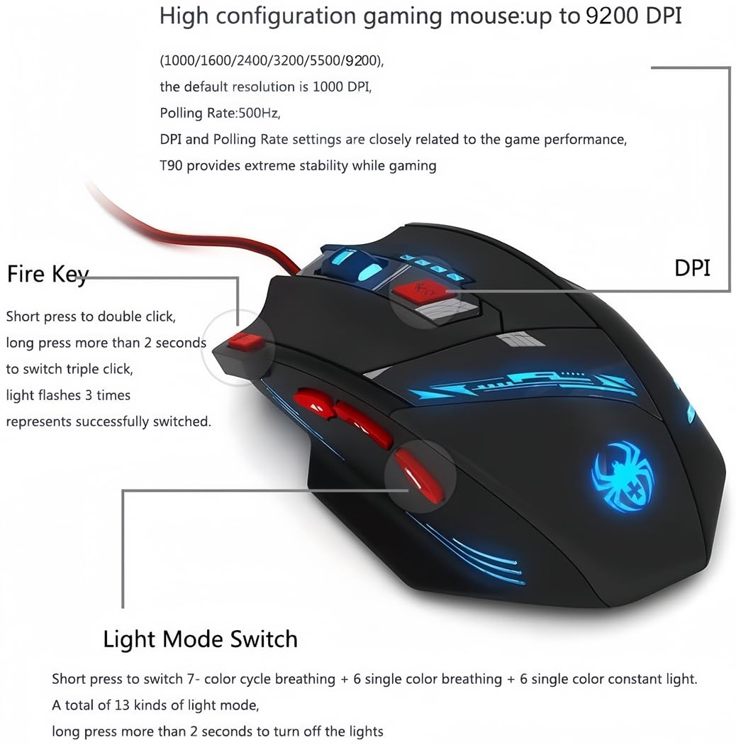 Zelotes T90 Gaming Mouse - 9200 DPI, 8 Programmable Buttons, LED Lights, Black