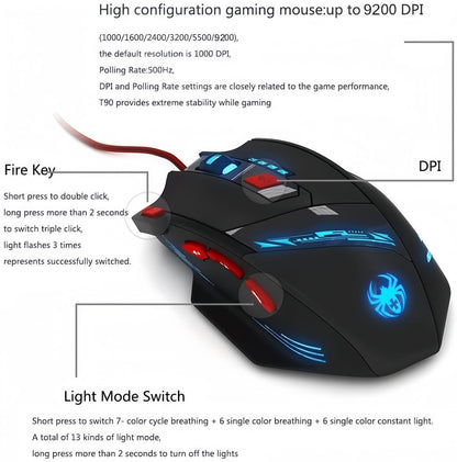 Zelotes T90 Gaming Mouse - 9200 DPI, 8 Programmable Buttons, LED Lights, Black