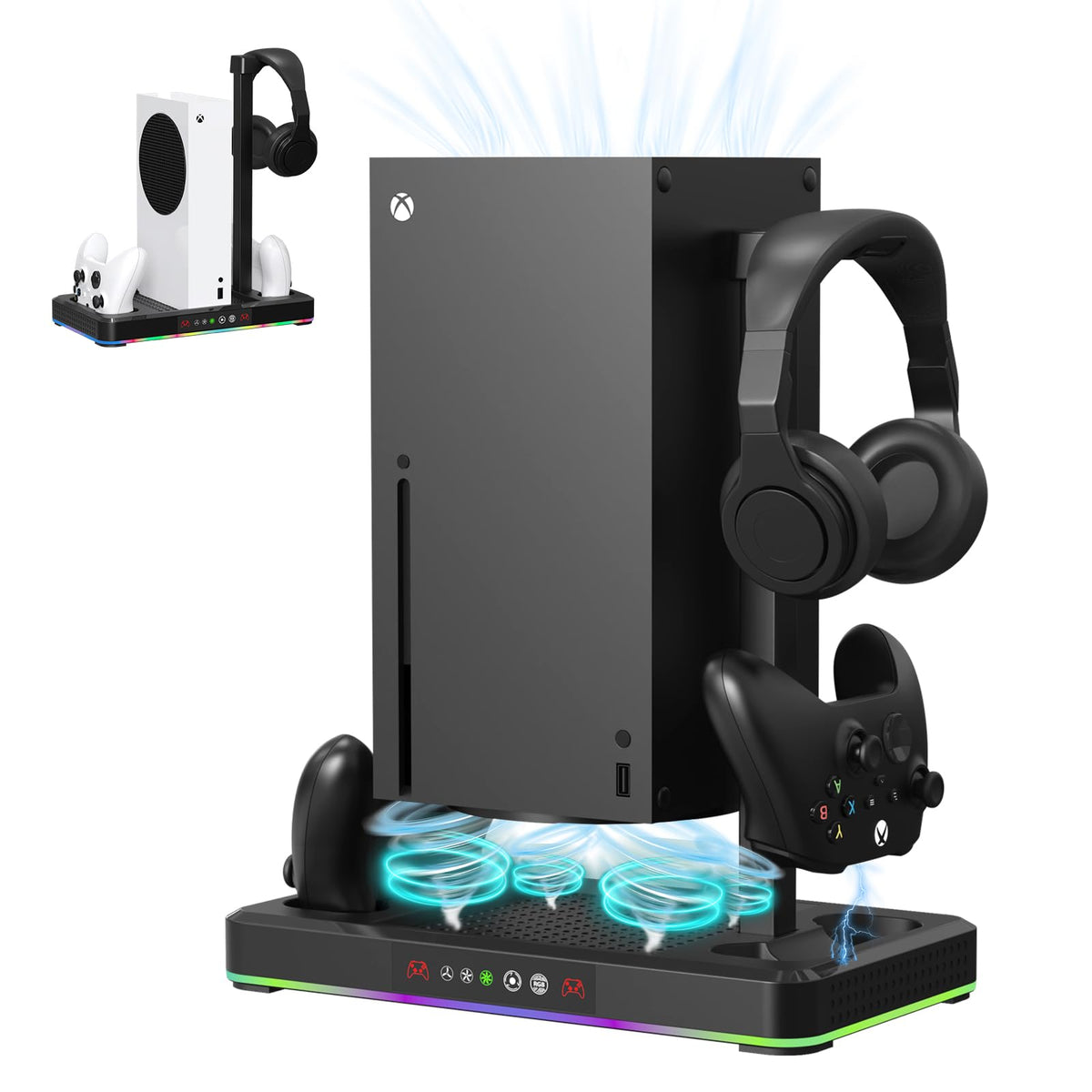 Nargos Xbox Series X/S Console Accessory  Cooling Stand with Controller Charging Dock  Headset Holder  RGB Light Show  Black