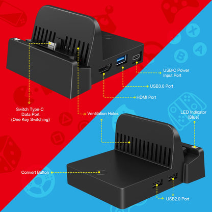 Ponkor Docking Station for Nintendo Switch/OLED - Portable USB 3.0 Charger, Model WG221A, No Cords Included