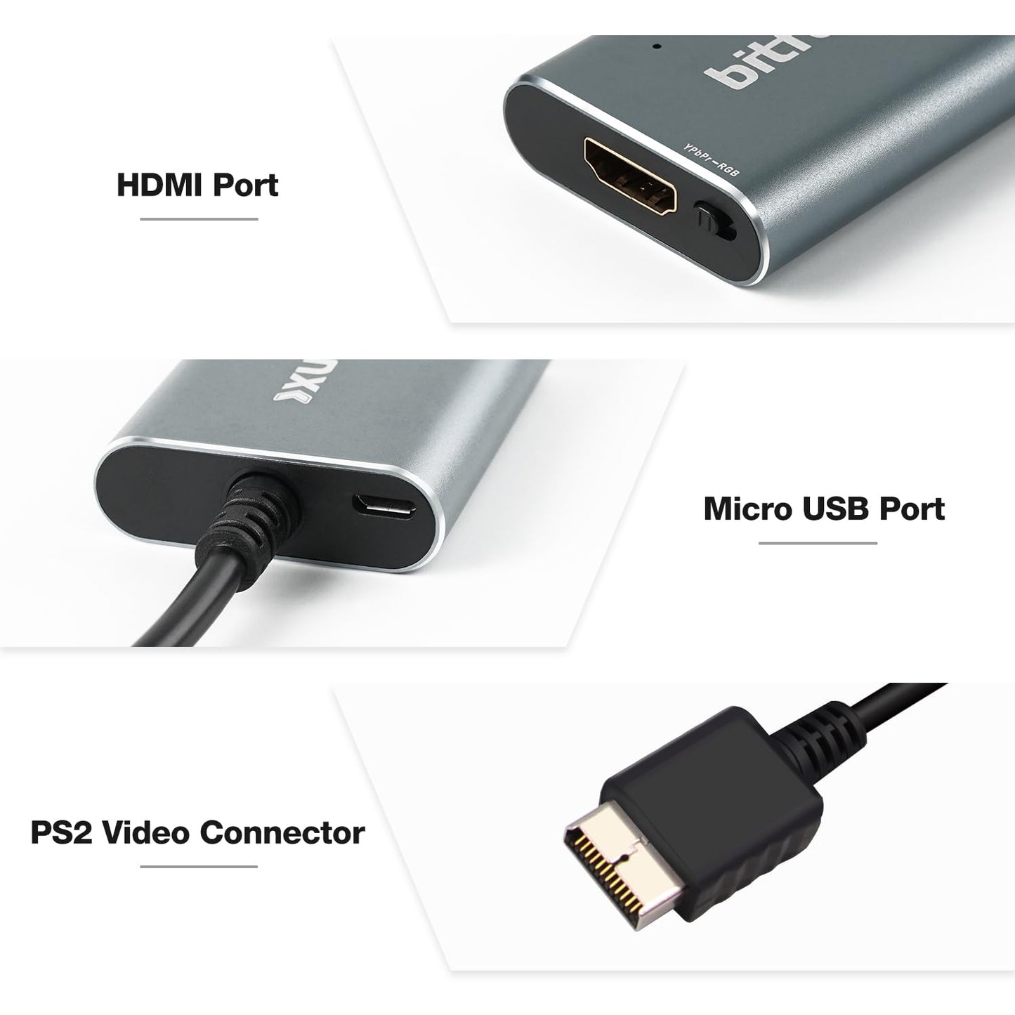 BITFUNX PS2 HDMI Adapter - RGB/Component to HDMI, Plug & Play, No Lag, Model PS2-HDMI-Adapter, Grey