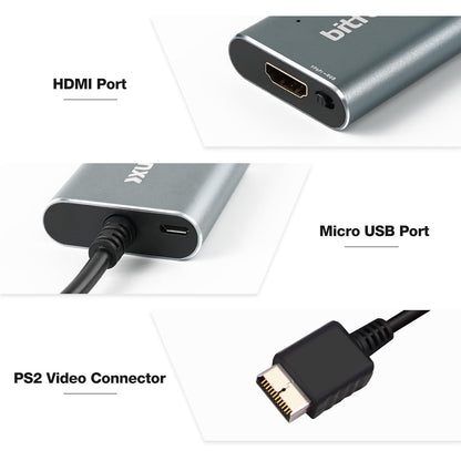 BITFUNX PS2 HDMI Adapter - RGB/Component to HDMI, Plug & Play, No Lag, Model PS2-HDMI-Adapter, Grey