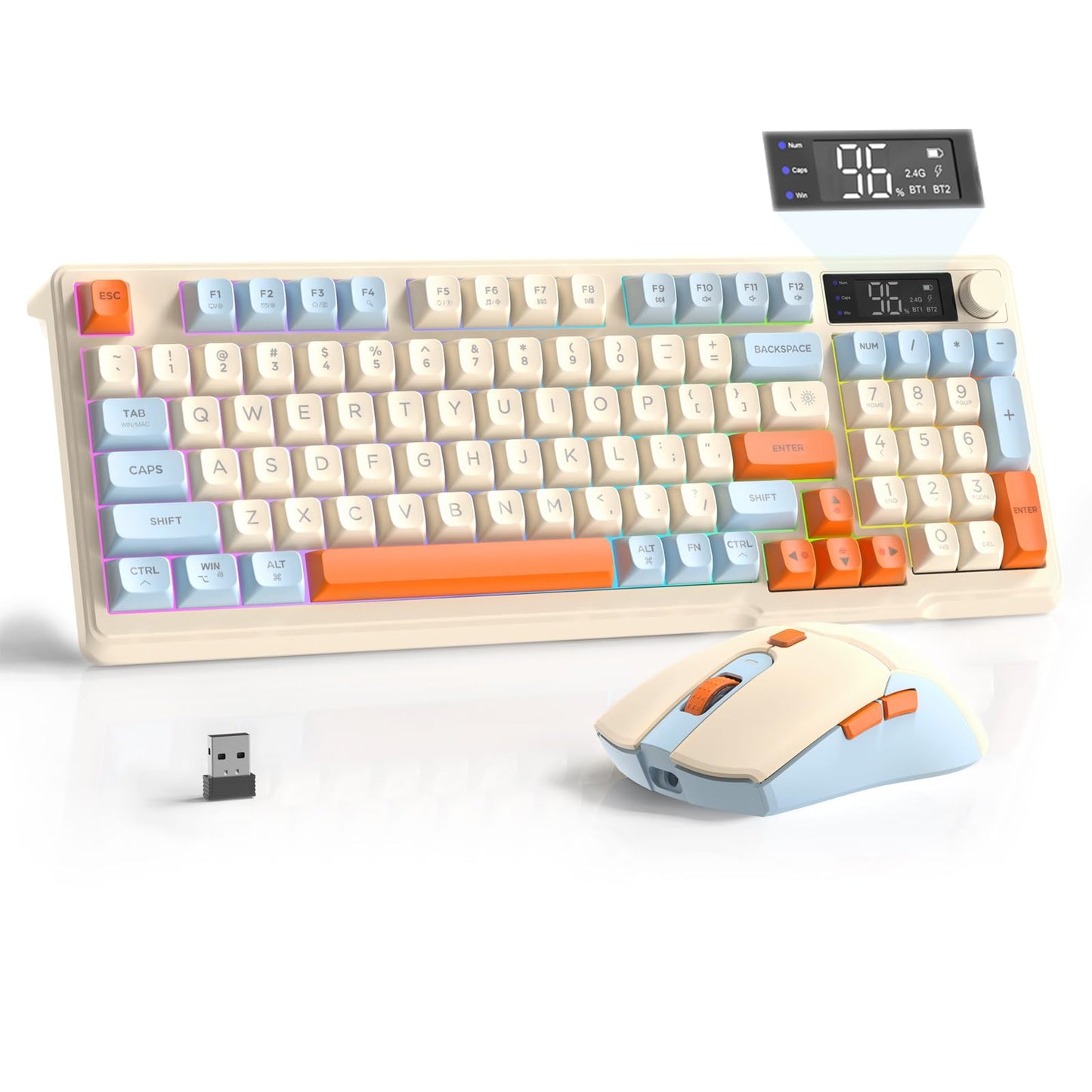 FREEWOLF T96 Smart Display Wireless Gaming Keyboard and Mouse Comb  94Key LED Lighting Rechargeable Silent Membrane Keyboard with Knobs  2000mAh Battery  6-Button 4KDPI Mouse for Win/Mac(Blueberry)