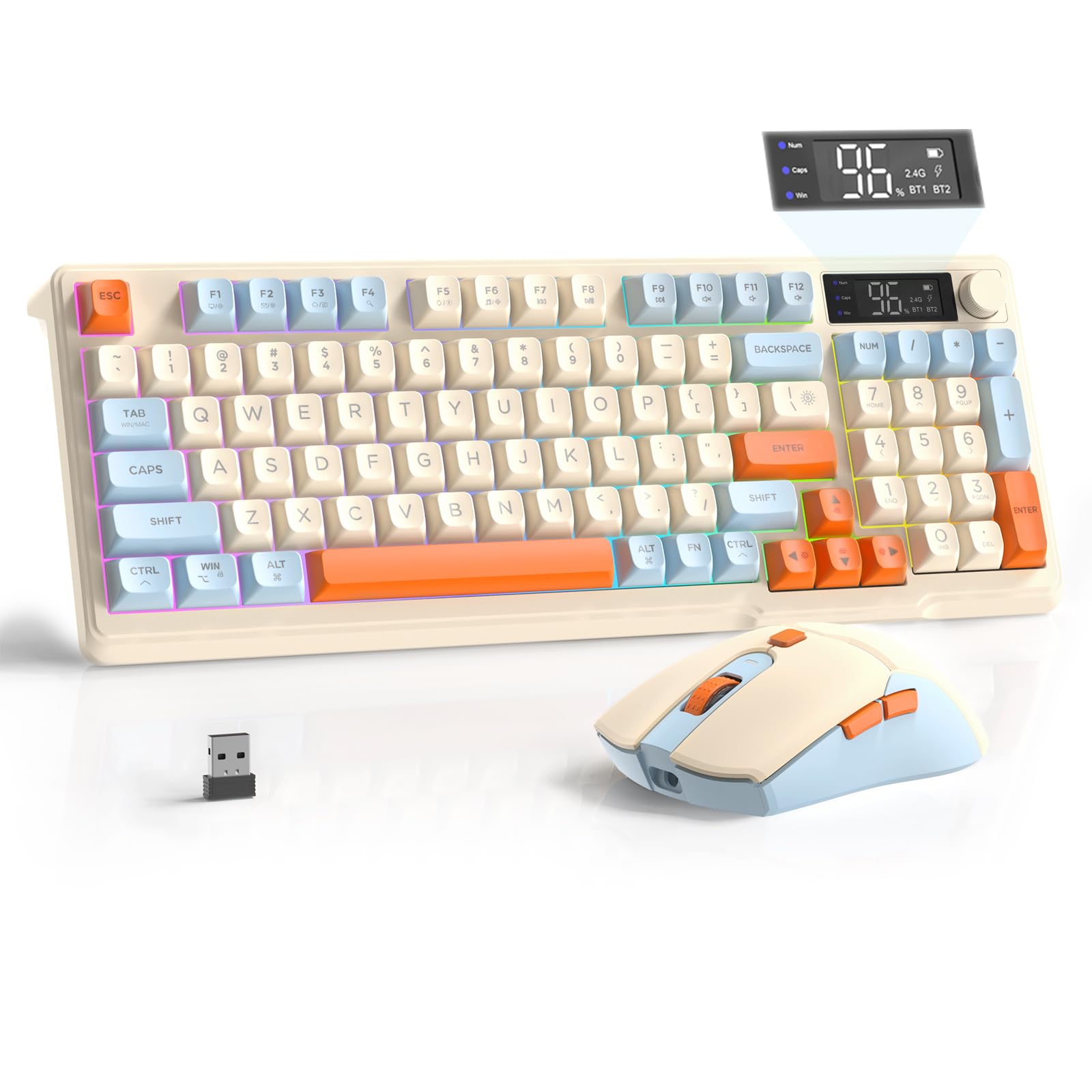 FREEWOLF T96 Smart Display Wireless Gaming Keyboard and Mouse Comb  94Key LED Lighting Rechargeable Silent Membrane Keyboard with Knobs  2000mAh Battery  6-Button 4KDPI Mouse for Win/Mac(Blueberry)