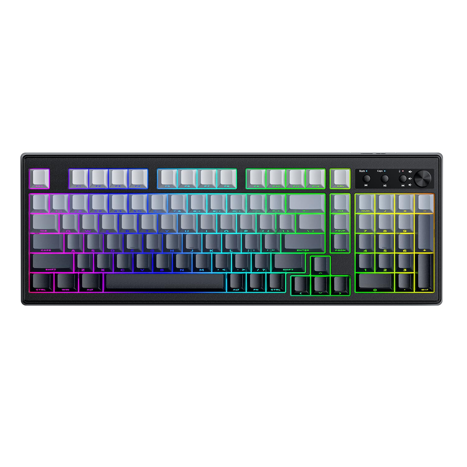 FREEWOLF K100 99 Keys Gaming Membrane Wireless Keyboard with Media Knob Tri-Mode BT/2.4GHz/USB-C Side Printed Keys RGB Backlit Retro Cute Creamy Silent Computer Keyboard for MAC PC - Gradient Black