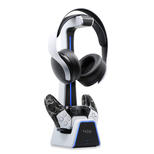 Tilted Nation Gaming Headset and Controller Stand | PS5 & Xbox Accessories | White | TNPHANTOM | Charging Station Included