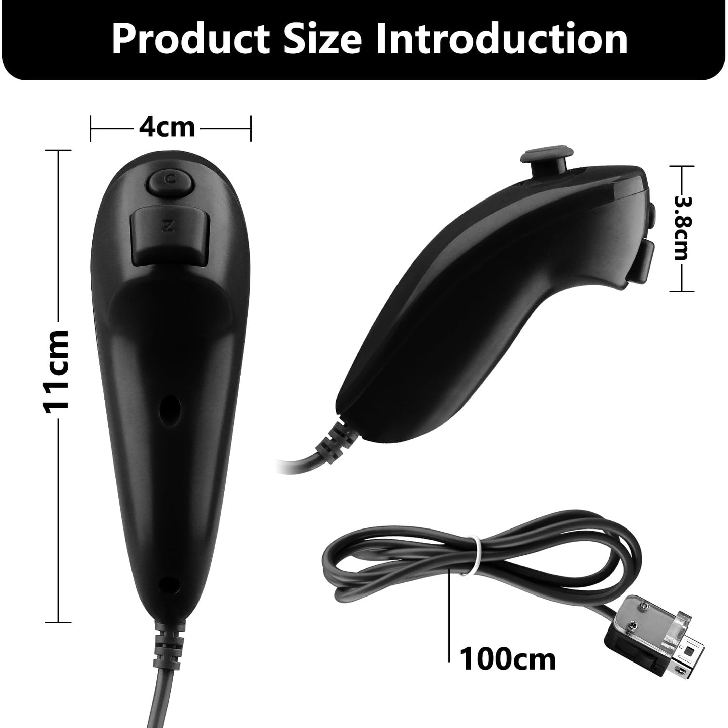 OSTENT Wired Nunchuck Controller for Nintendo Wii - Motion-Based, Black, Model Noir