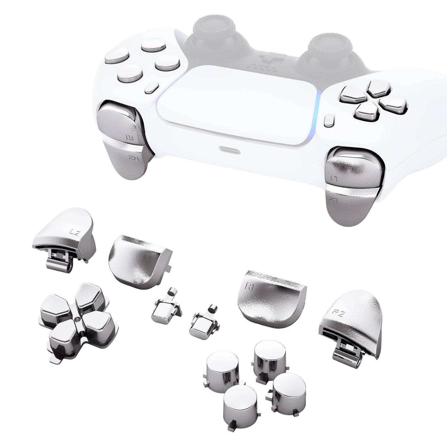 eXtremeRate Replacement D-pad R1 L1 R2 L2 Triggers Share Options Face Buttons  Chrome Silver Full Set Buttons Compatible with ps5 Controller BDM-010 & BDM-020