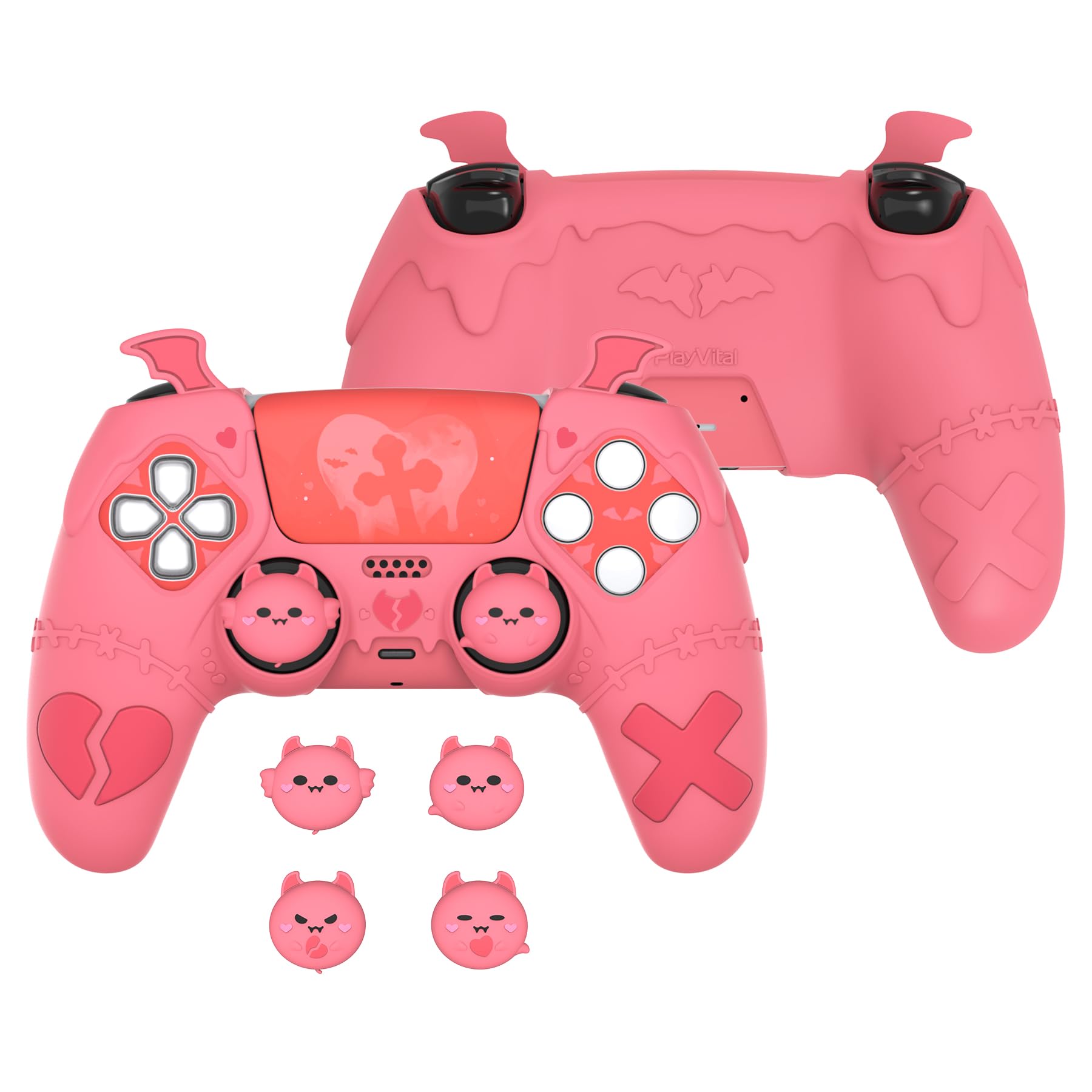 PlayVital Gothic Imp Series Cute Silicone Case for ps5 Controller with 4 Thumb Grips and 6 Stickers  Anti-Slip Silicone Skin Cover  Compatible with ps5 Charging Station  Peach Pink