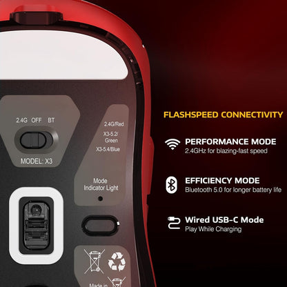 MANBASNAKE ATTACK SHARK X3 Wireless Gaming Mouse - 49g, 26K DPI, 200h Battery Life, Red & Griptape, Ergonomic Design for PC